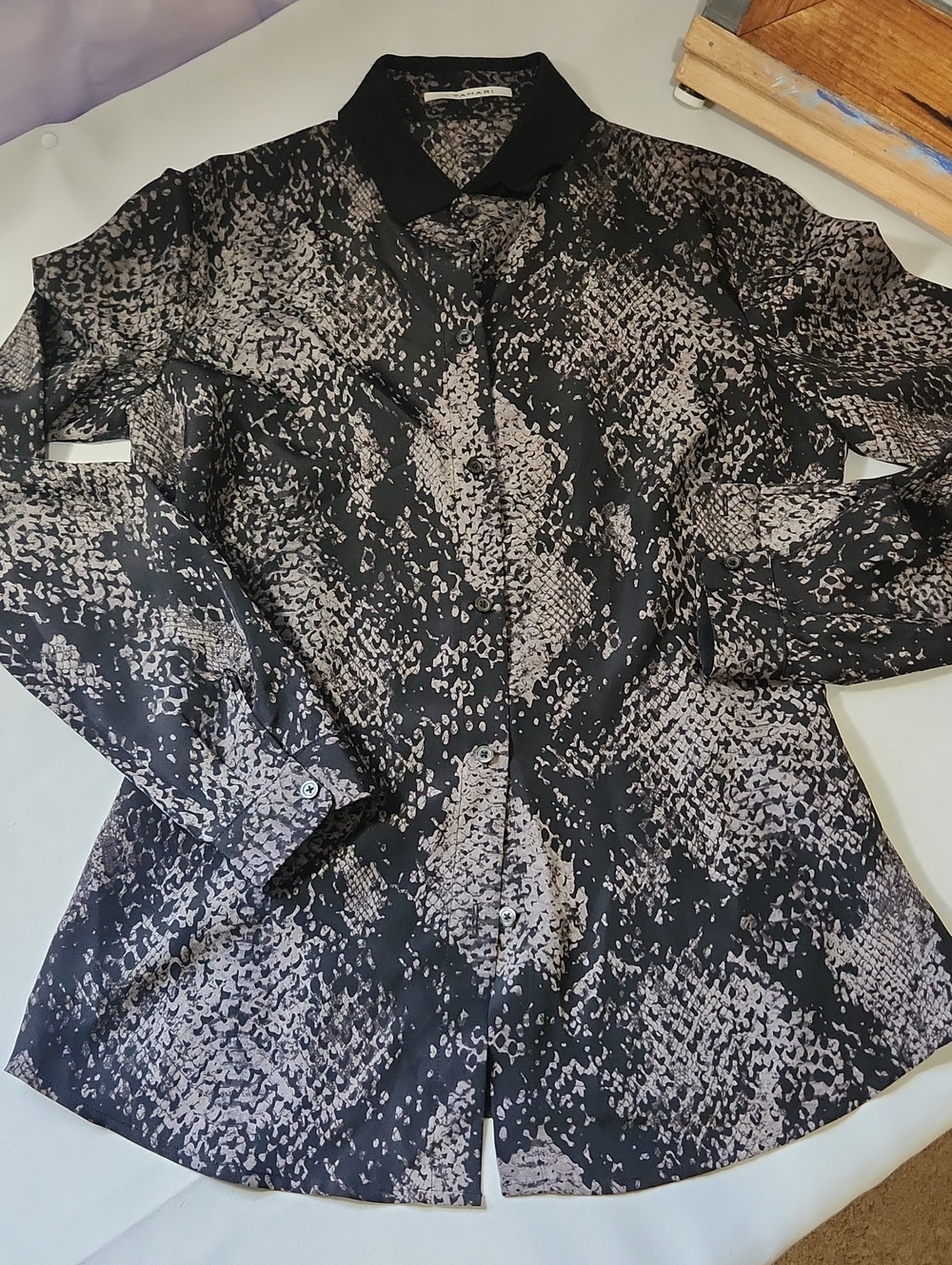 Tahari Black and Taupe Snake-Print Button-Down Blouse